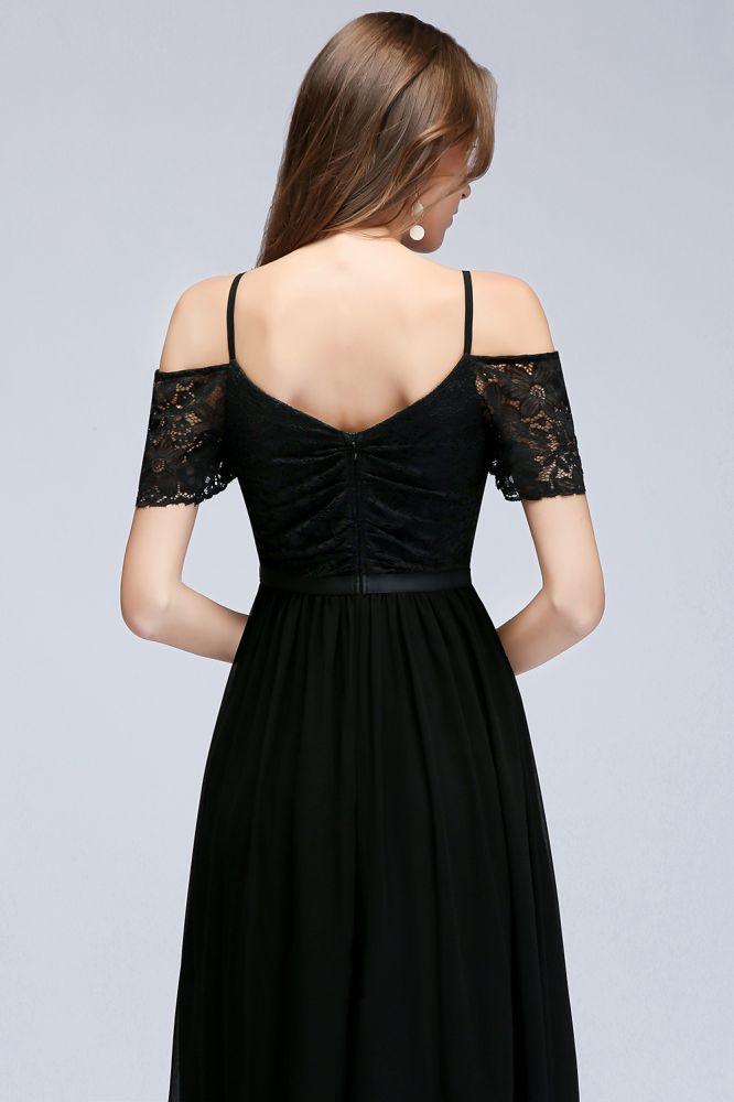 A-Linie Langes Spaghetti V-Ausschnitt Schwarzes Spitzenchiffon-Brautjungfernkleid
