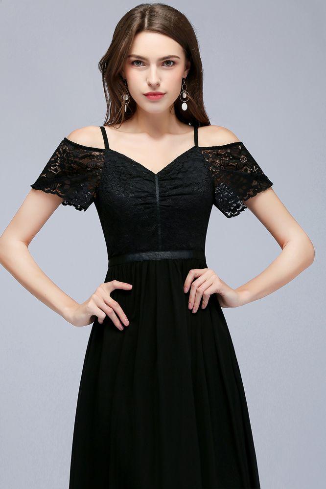 A-Linie Langes Spaghetti V-Ausschnitt Schwarzes Spitzenchiffon-Brautjungfernkleid