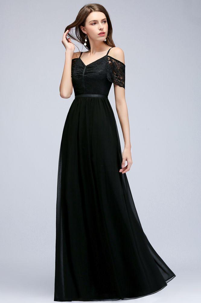 A-Linie Langes Spaghetti V-Ausschnitt Schwarzes Spitzenchiffon-Brautjungfernkleid