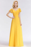 A-line Long V-neck Short Sleeves Yellow Chiffon Bridesmaid Dresses