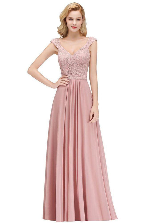 Vestido de dama de honor de gasa con escote en V largo, sin mangas, estilo formal, con parte superior de encaje