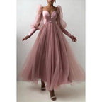 NumberSea - A Line Low V Neck Long Sleeves Pleated Tulle Long Prom Evening Dress