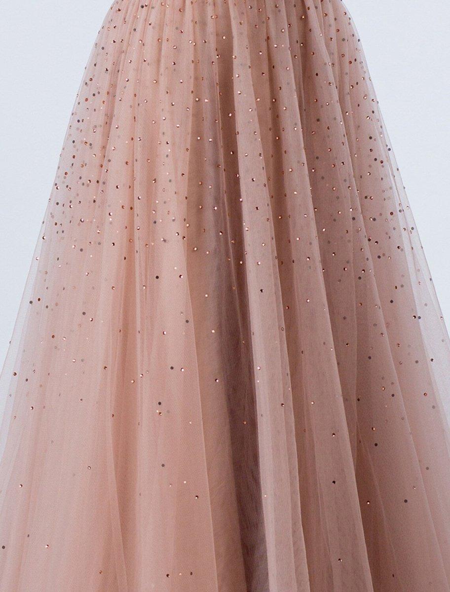 NumberSea - A - Line Luxurious Prom Formal Evening Dress Illusion Neck Backless Sleeveless Floor Length Tulle with Crystals Beading