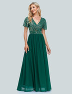NumberSea - A - Line Mermaid Party Dress Evening Gown Sparkle & Shine Dress Christmas Wedding Guest Floor Length Short Sleeve V Neck Sequined with Sequin