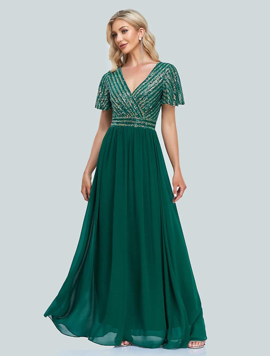 NumberSea-A-Line Mermaid Party Dress Evening Gown Sparkle & Shine Dress Christmas Wedding Guest Floor Length Short Sleeve V Neck Sequined with Sequin NumberSea-A-Line Mermaid Party Dress Evening Gown Sparkle & Shine Dress Christmas Wedding Guest Floor Length Short Sleeve V Neck Sequined with Sequin