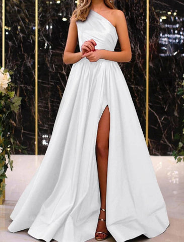 NumberSea - A - Line Minimalist Elegant Engagement Formal Evening Birthday Dress One Shoulder Sleeveless Floor Length Satin with Pleats Slit