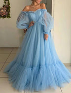 NumberSea - A - Line Minimalist Elegant Engagement Prom Dress Off Shoulder Long Sleeve Floor Length Tulle with Pleats Appliques