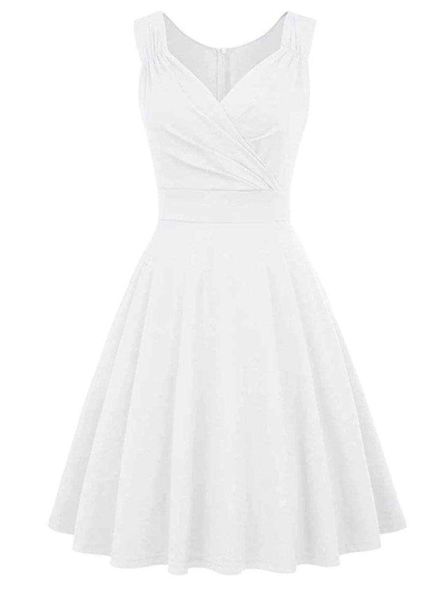 NumberSea - A - Line Minimalist Elegant Party Wear Cocktail Party Dress V Neck Sleeveless Tea Length Spandex with Pleats