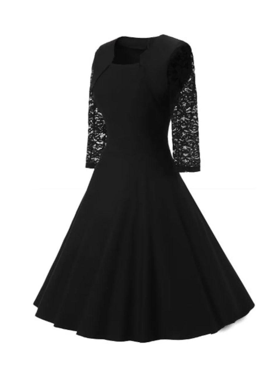 NumberSea - A - Line Minimalist Elegant Party Wear Cocktail Party Wedding Guest Dress Jewel Neck 3/4 Length Sleeve Knee Length Cotton Lace with Ruffles