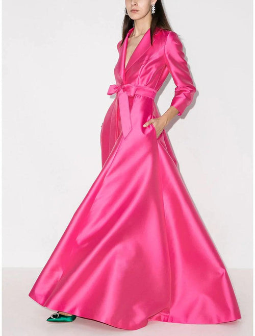 NumberSea - A - Line Minimalist Elegant Wedding Guest Formal Evening Dress Shirt Collar 3/4 Length Sleeve Sweep / Brush Train Satin with Sash / Ribbon Bow(s) Pure Color