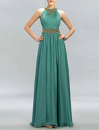 NumberSea - A - Line Minimalist Sparkle Wedding Guest Formal Evening Dress Halter Neck Sleeveless Floor Length Chiffon with Pleats Crystals