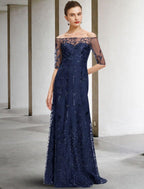 NumberSea - A - Line Mother of the Bride Dress Elegant Sparkle & Shine Off Shoulder Floor Length Lace Tulle Half Sleeve with Sequin Appliques