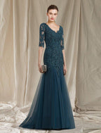 NumberSea - A - Line Mother of the Bride Dress Elegant V Neck Sweep / Brush Train Lace Tulle Half Sleeve No with Ruffles Appliques