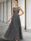 NumberSea - A - Line Mother of the Bride Dress Fall Wedding Guest Dresses Luxurious Elegant Jewel Neck Floor Length Lace Tulle Sleeveless with Sash / Ribbon Beading Sequin