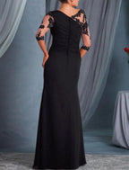 NumberSea - A - Line Mother of the Bride Dress Fall Wedding Guest Long Dresses Plus Size Scoop Neck Floor Length Chiffon Lace Half Sleeve with Draping Appliques