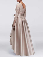 NumberSea - A - Line Mother of the Bride Dress Fall Wedding Guest Plus Size Elegant High Low Jewel Neck Asymmetrical Satin Lace 3/4 Length Sleeve with Sash / Ribbon Appliques