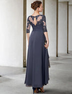 NumberSea - A - Line Mother of the Bride Dress Fall Wedding Guest Plus Size Elegant High Low Jewel Neck Asymmetrical Tea Length Chiffon Lace Half Sleeve with Ruched Appliques