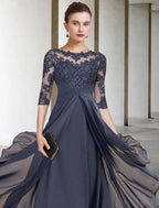NumberSea - A - Line Mother of the Bride Dress Fall Wedding Guest Plus Size Elegant High Low Jewel Neck Asymmetrical Tea Length Chiffon Lace Half Sleeve with Ruched Appliques