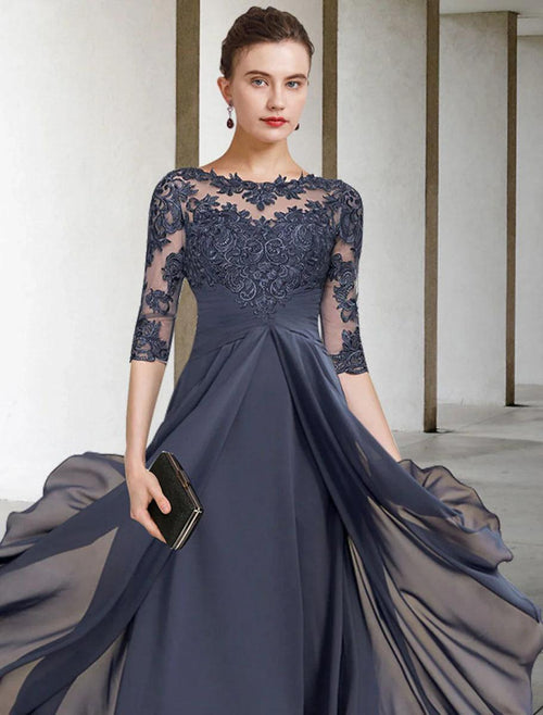 NumberSea - A - Line Mother of the Bride Dress Fall Wedding Guest Plus Size Elegant High Low Jewel Neck Asymmetrical Tea Length Chiffon Lace Half Sleeve with Ruched Appliques