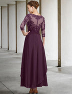 NumberSea - A - Line Mother of the Bride Dress Fall Wedding Guest Plus Size Elegant Jewel Neck Ankle Length Chiffon Lace 3/4 Length Sleeve with Ruched Sequin Appliques
