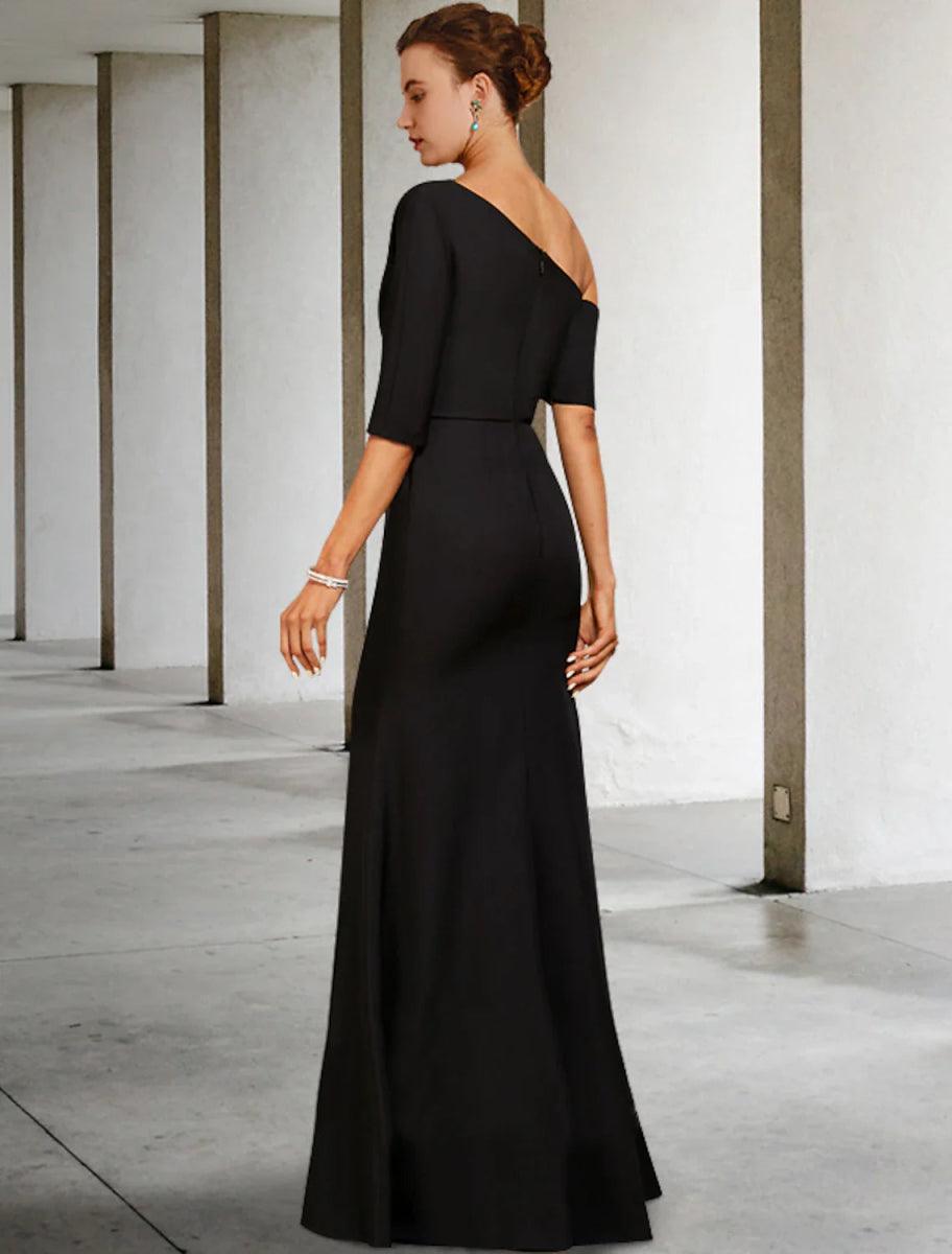 NumberSea - A - Line Mother of the Bride Dress Fall Wedding Guest Vintage Elegant One Shoulder Floor Length Charmeuse 3/4 Length Sleeve with Ruffles Side - Draped