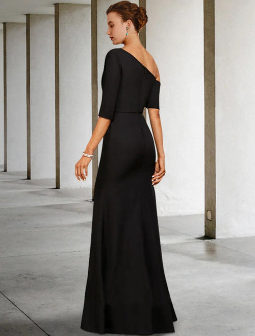 NumberSea - A - Line Mother of the Bride Dress Fall Wedding Guest Vintage Elegant One Shoulder Floor Length Charmeuse 3/4 Length Sleeve with Ruffles Side - Draped