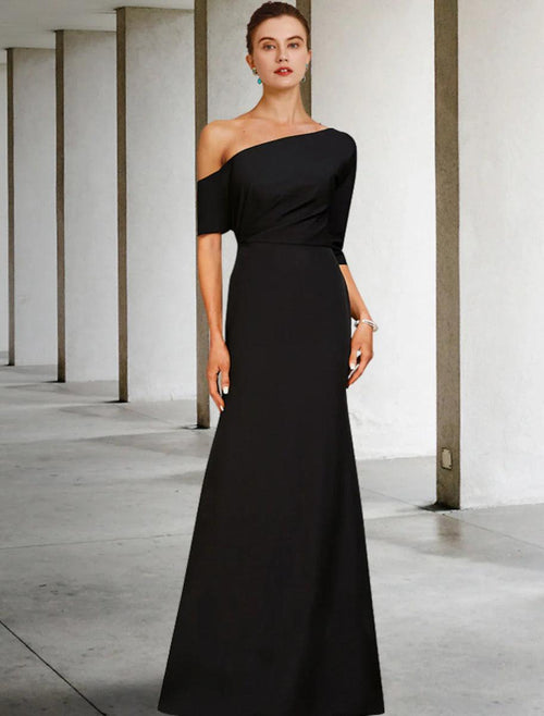 NumberSea - A - Line Mother of the Bride Dress Fall Wedding Guest Vintage Elegant One Shoulder Floor Length Charmeuse 3/4 Length Sleeve with Ruffles Side - Draped