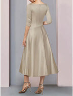 NumberSea - A - Line Mother of the Bride Dress Fall Wedding Guest Vintage Plus Size Elegant V Neck Tea Length Satin 3/4 Length Sleeve with Pleats