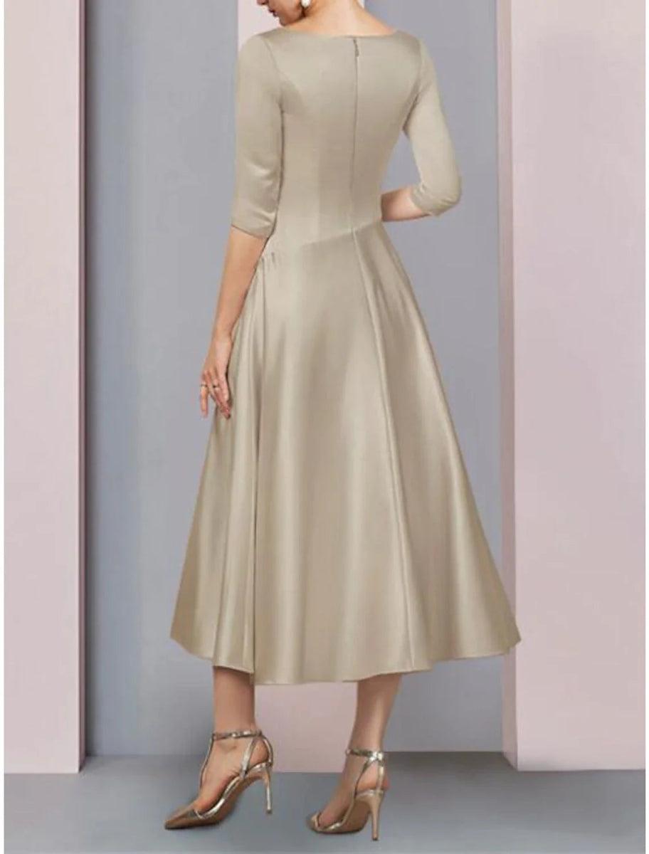 NumberSea - A - Line Mother of the Bride Dress Fall Wedding Guest Vintage Plus Size Elegant V Neck Tea Length Satin 3/4 Length Sleeve with Pleats