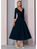 NumberSea - A - Line Mother of the Bride Dress Fall Wedding Guest Vintage Plus Size Elegant V Neck Tea Length Satin 3/4 Length Sleeve with Pleats