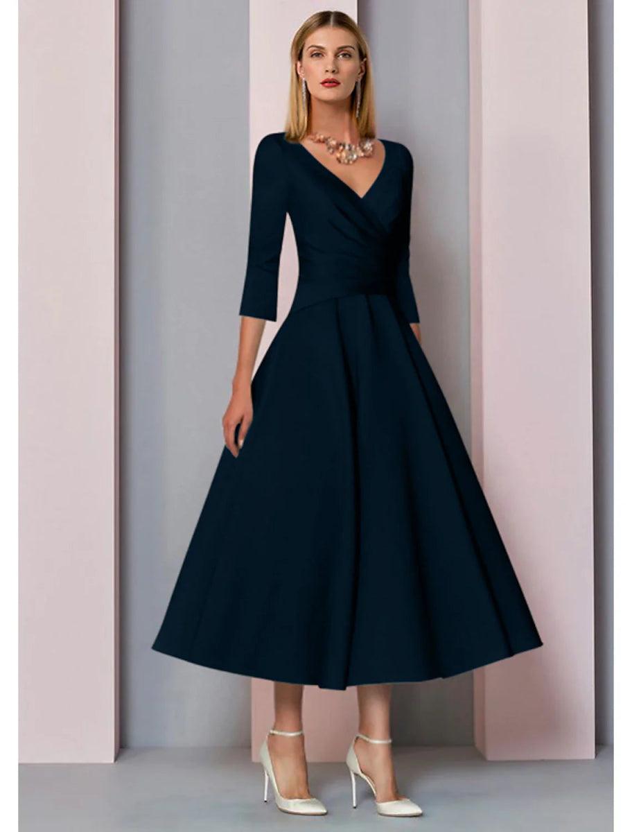 NumberSea - A - Line Mother of the Bride Dress Fall Wedding Guest Vintage Plus Size Elegant V Neck Tea Length Satin 3/4 Length Sleeve with Pleats