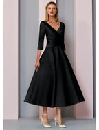 NumberSea - A - Line Mother of the Bride Dress Fall Wedding Guest Vintage Plus Size Elegant V Neck Tea Length Satin 3/4 Length Sleeve with Pleats