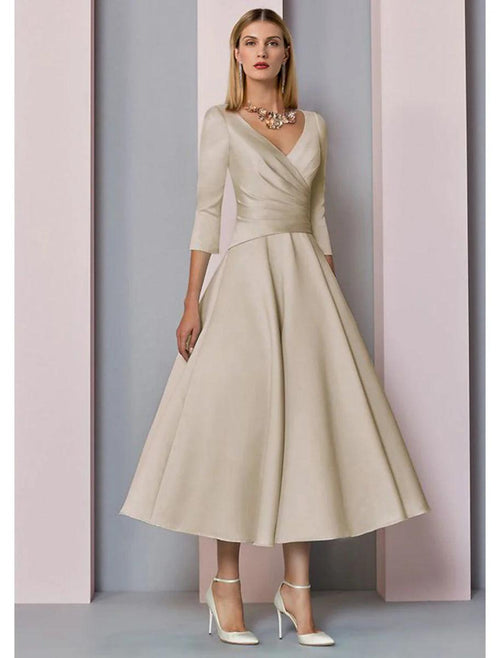 NumberSea - A - Line Mother of the Bride Dress Fall Wedding Guest Vintage Plus Size Elegant V Neck Tea Length Satin 3/4 Length Sleeve with Pleats