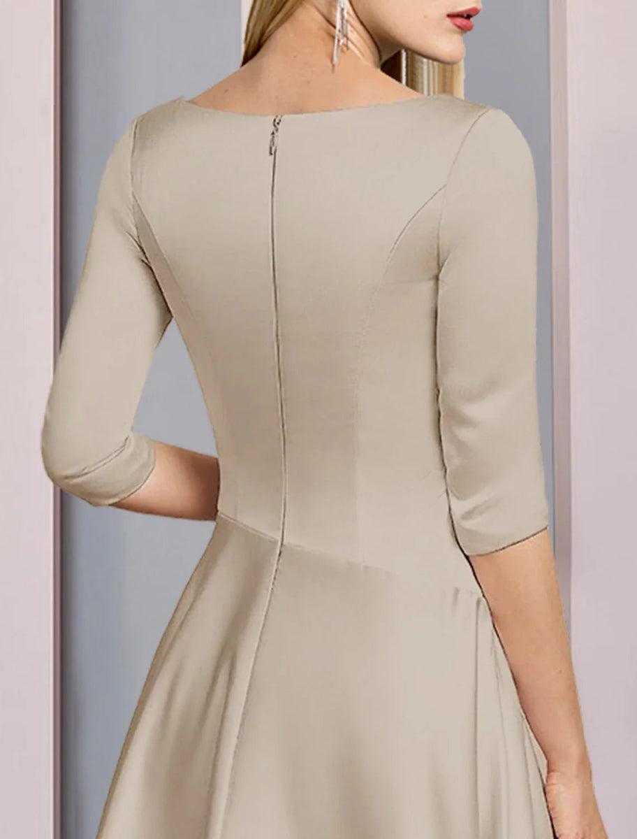 NumberSea - A - Line Mother of the Bride Dress Fall Wedding Guest Vintage Plus Size Elegant V Neck Tea Length Satin 3/4 Length Sleeve with Pleats