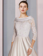 NumberSea - A - Line Mother of the Bride Dress Formal Church Party Elegant Cowl Neck Tea Length Satin Lace 3/4 Length Sleeve with Beading Appliques