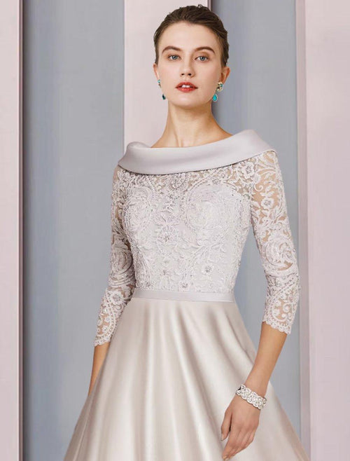 NumberSea - A - Line Mother of the Bride Dress Formal Church Party Elegant Cowl Neck Tea Length Satin Lace 3/4 Length Sleeve with Beading Appliques