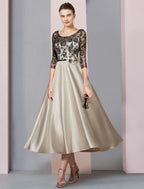 NumberSea - A - Line Mother of the Bride Dress Formal Church Party Elegant Scoop Neck Tea Length Satin Lace Half Sleeve with Flower Color Block