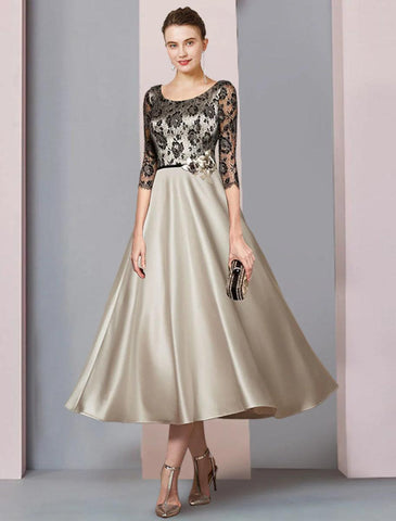 NumberSea - A - Line Mother of the Bride Dress Formal Church Party Elegant Scoop Neck Tea Length Satin Lace Half Sleeve with Flower Color Block