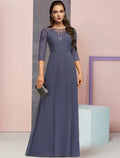 NumberSea - A - Line Mother of the Bride Dress Formal Elegant Jewel Neck Floor Length Chiffon Lace 3/4 Length Sleeve with Sequin Appliques