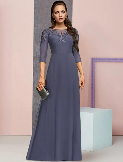 NumberSea - A - Line Mother of the Bride Dress Formal Elegant Jewel Neck Floor Length Chiffon Lace 3/4 Length Sleeve with Sequin Appliques