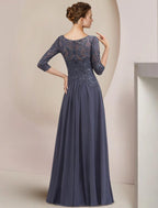 NumberSea - A - Line Mother of the Bride Dress Formal Elegant Scoop Neck Floor Length Tea Length Chiffon Lace Half Sleeve with Beading Appliques
