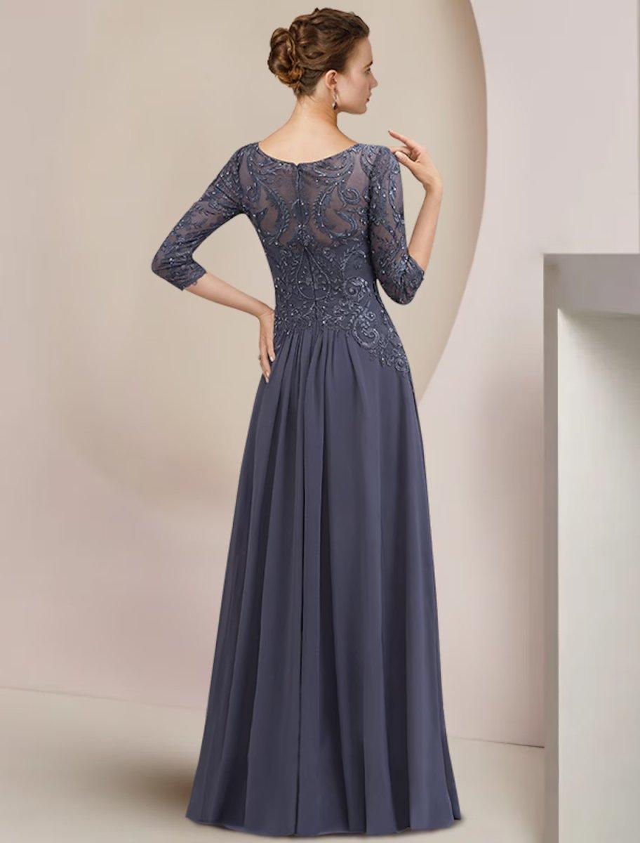 NumberSea - A - Line Mother of the Bride Dress Formal Elegant Scoop Neck Floor Length Tea Length Chiffon Lace Half Sleeve with Beading Appliques