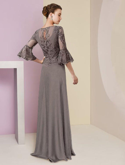 NumberSea - A - Line Mother of the Bride Dress Formal Elegant V Neck Sweep / Brush Train Lace Stretch Chiffon 3/4 Length Sleeve with Beading Appliques