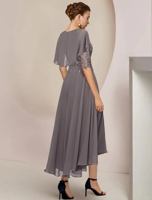 NumberSea - A - Line Mother of the Bride Dress Formal Fall Wedding Guest Elegant Scoop Neck Asymmetrical Tea Length Chiffon Lace Half Sleeve with Beading Appliques