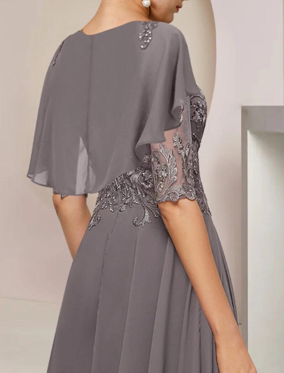 NumberSea - A - Line Mother of the Bride Dress Formal Fall Wedding Guest Elegant Scoop Neck Asymmetrical Tea Length Chiffon Lace Half Sleeve with Beading Appliques