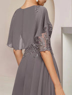 NumberSea - A - Line Mother of the Bride Dress Formal Fall Wedding Guest Elegant Scoop Neck Asymmetrical Tea Length Chiffon Lace Half Sleeve with Beading Appliques