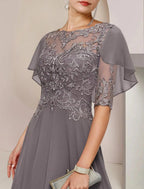 NumberSea - A - Line Mother of the Bride Dress Formal Fall Wedding Guest Elegant Scoop Neck Asymmetrical Tea Length Chiffon Lace Half Sleeve with Beading Appliques