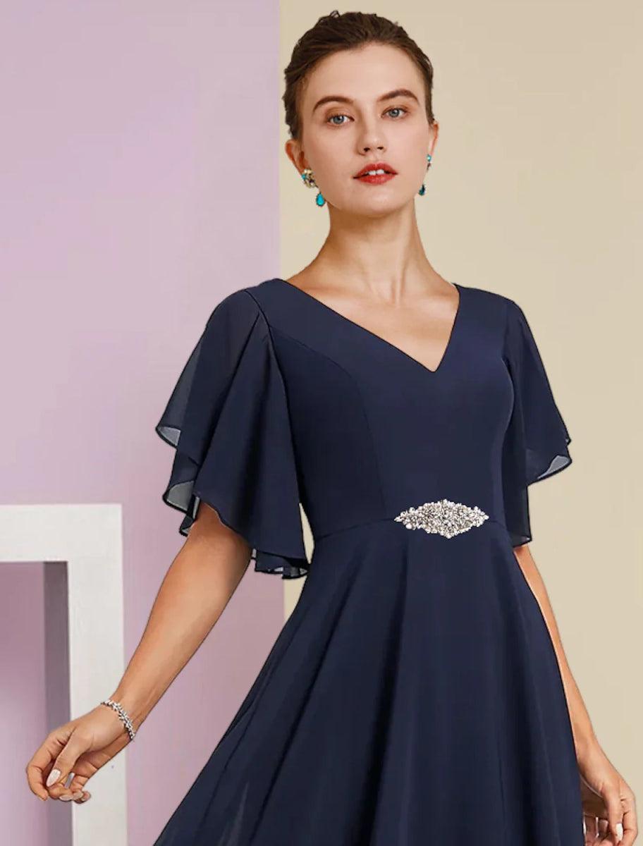 NumberSea - A - Line Mother of the Bride Dress Formal Fall Wedding Guest Elegant V Neck Tea Length Chiffon Lace Short Sleeve with Appliques Crystal Brooch