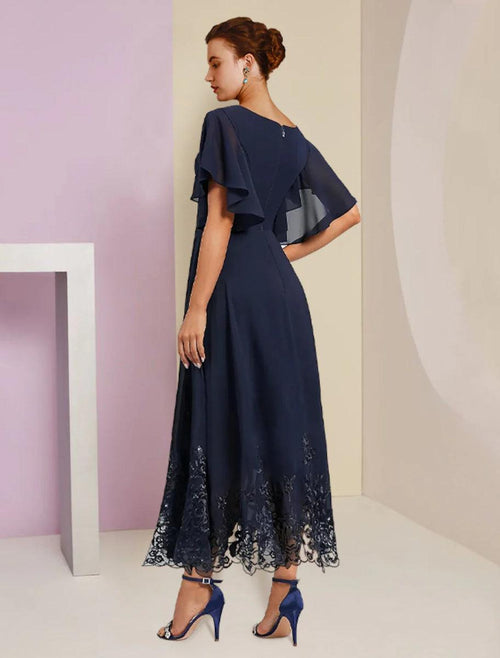 NumberSea - A - Line Mother of the Bride Dress Formal Fall Wedding Guest Elegant V Neck Tea Length Chiffon Lace Short Sleeve with Appliques Crystal Brooch