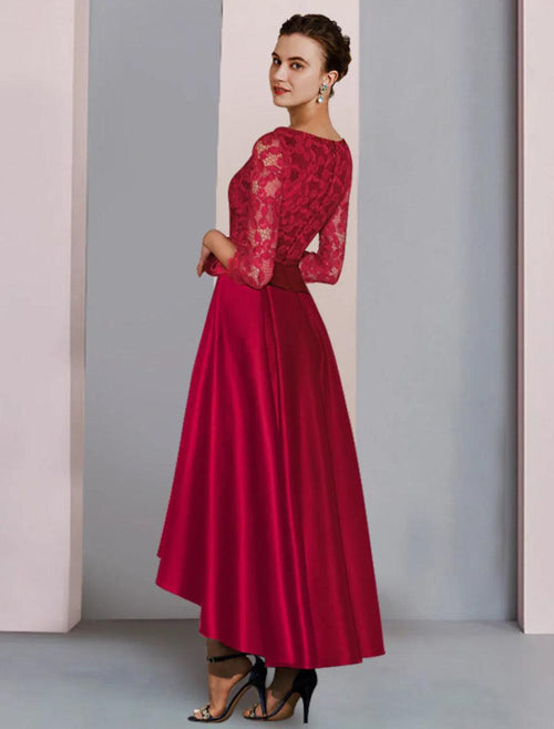 NumberSea - A - Line Mother of the Bride Dress Formal Fall Wedding Guest Party Elegant High Low Scoop Neck Asymmetrical Tea Length Satin Lace 3/4 Length Sleeve with Bow(s) Pleats